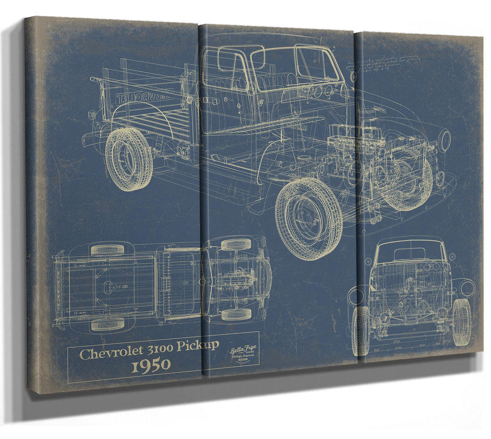 Cutler West 1950 Chevrolet 3100 Pickup technical blueprint on brown stretched canvas with multiple view angles