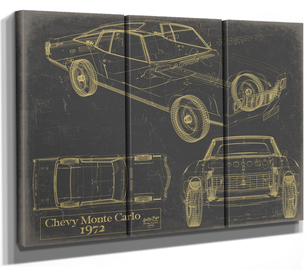 Cutler West 1972 Chevy Monte Carlo blueprint print with three vehicle views in vintage grey frame