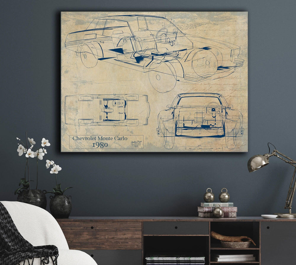 Cutler West 1980 Chevrolet Monte Carlo blueprint print on blue stretched canvas showing cross-section and elevation views