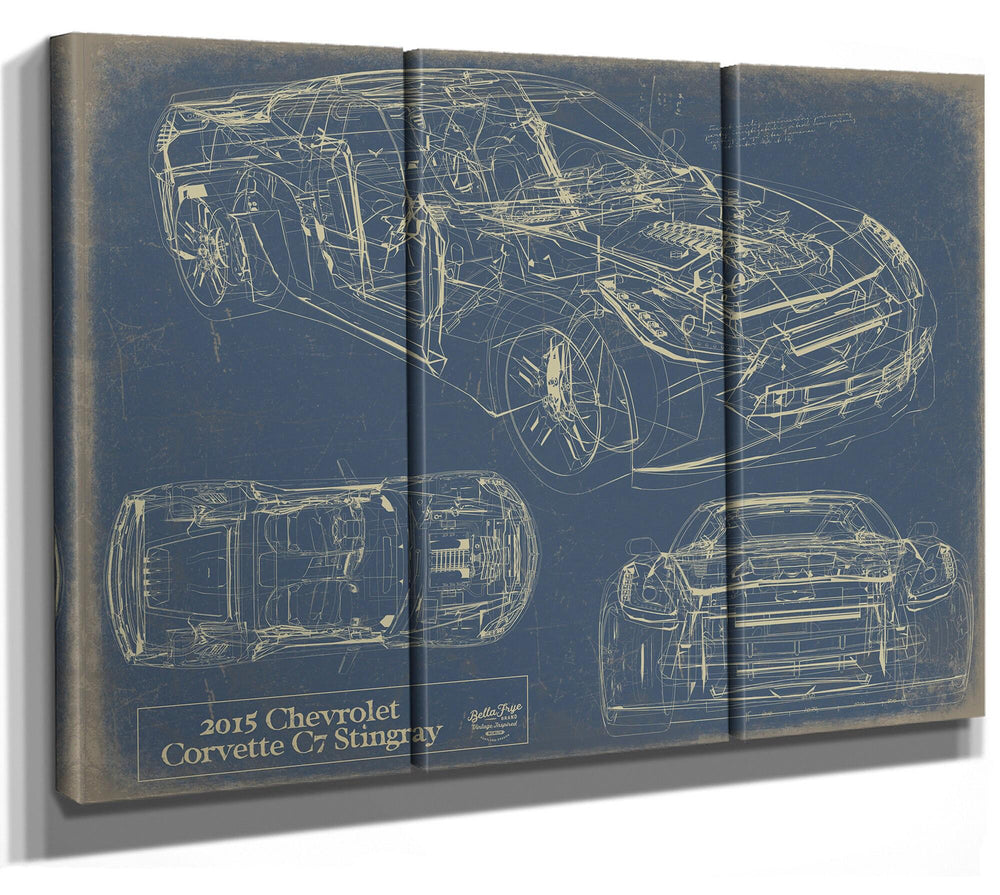 Cutler West 2015 Chevrolet Corvette C7 Stingray technical blueprint on brown stretched canvas with side, top, and front views