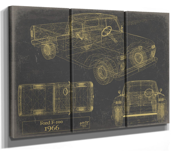 Cutler West Ford F-100 1966 blueprint art on three-panel canvas wrap with grey background