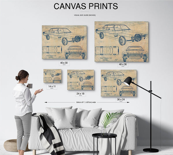 Cutler West 1969 Ford Galaxie Car Model Print, Original Blueprint Canvas