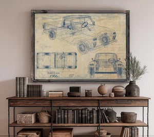 Cutler West Ford F-100 1966 blueprint print in black frame showing top, front, and side views on brown background
