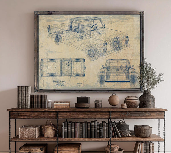 Cutler West Ford F-100 1966 blueprint print in black frame showing top, front, and side views on brown background