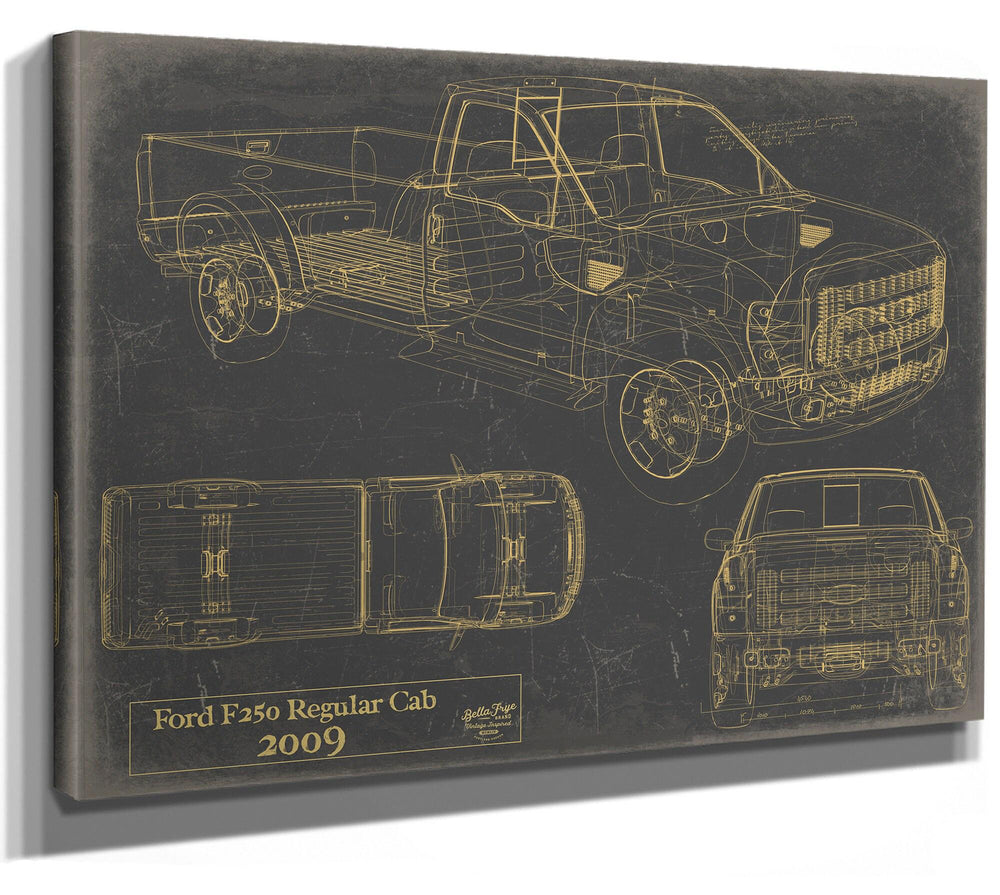 Cutler West 2009 Ford F250 Regular Cab blueprint technical drawing on grey stretched canvas wrap