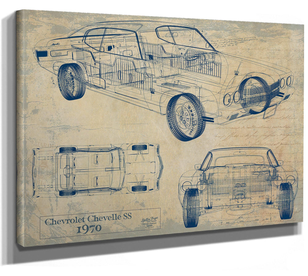 Cutler West 1970 Chevrolet Chevelle SS blueprint on brown stretched canvas with side, top, and front elevation views