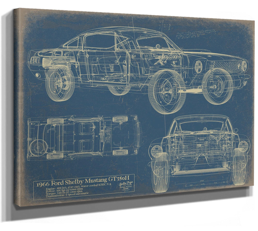 Cutler West 1966 Ford Shelby Mustang GT350H technical blueprint on blue stretched canvas with side, top, and front views