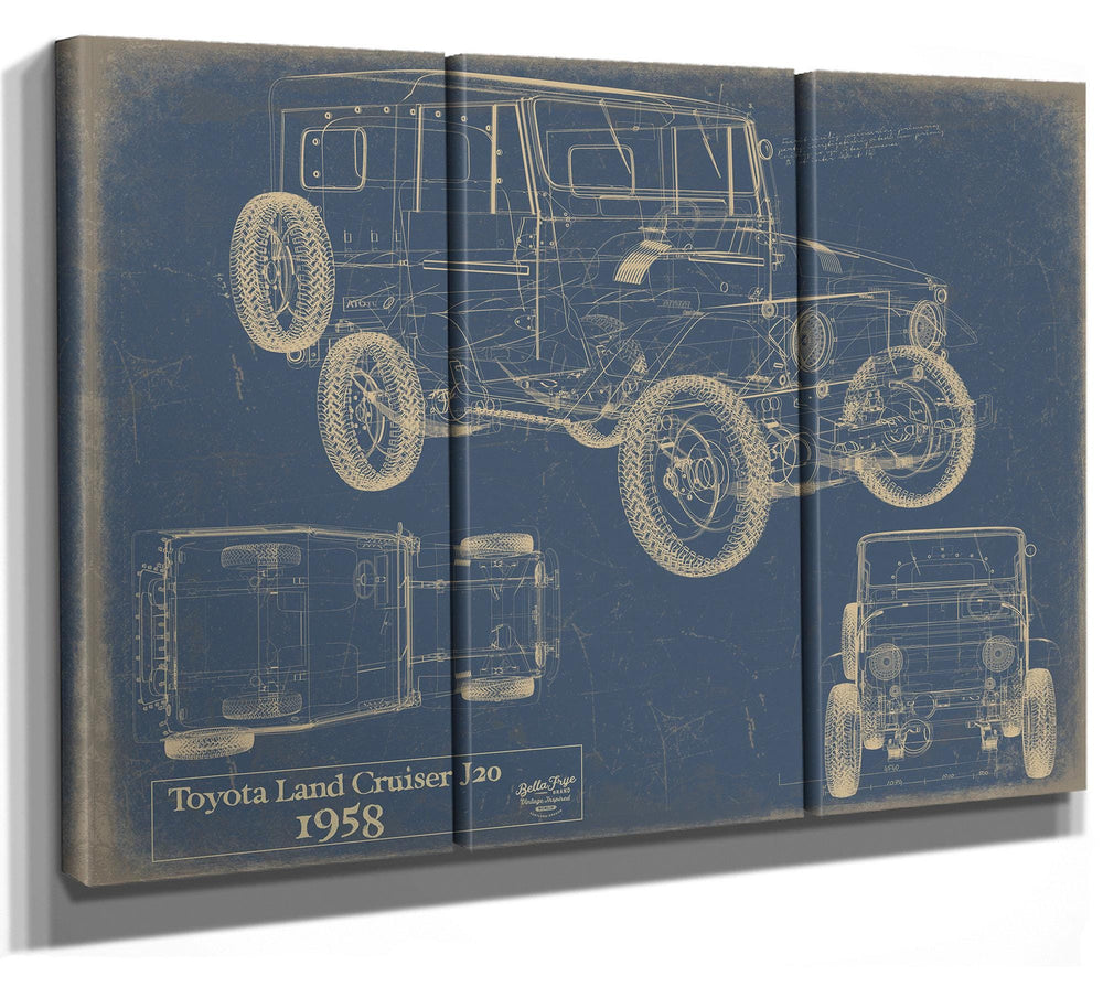 Cutler West Toyota Land Cruiser J20 1958 technical blueprint with multiple views in gold on grey stretched canvas