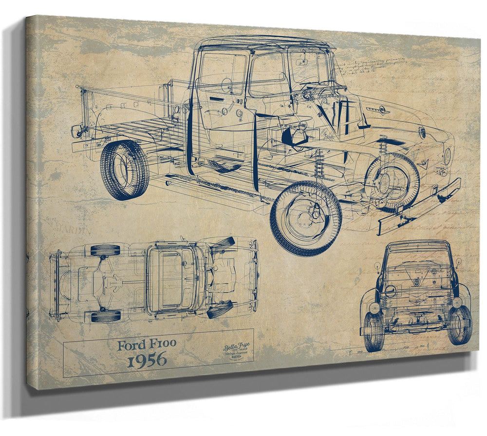 Cutler West Ford F100 1956 technical blueprint showing side, top, and rear views on tan canvas wrap