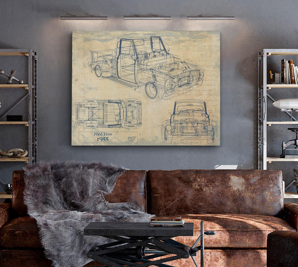 Cutler West 1955 Ford F100 blueprint with three views on blue stretched canvas