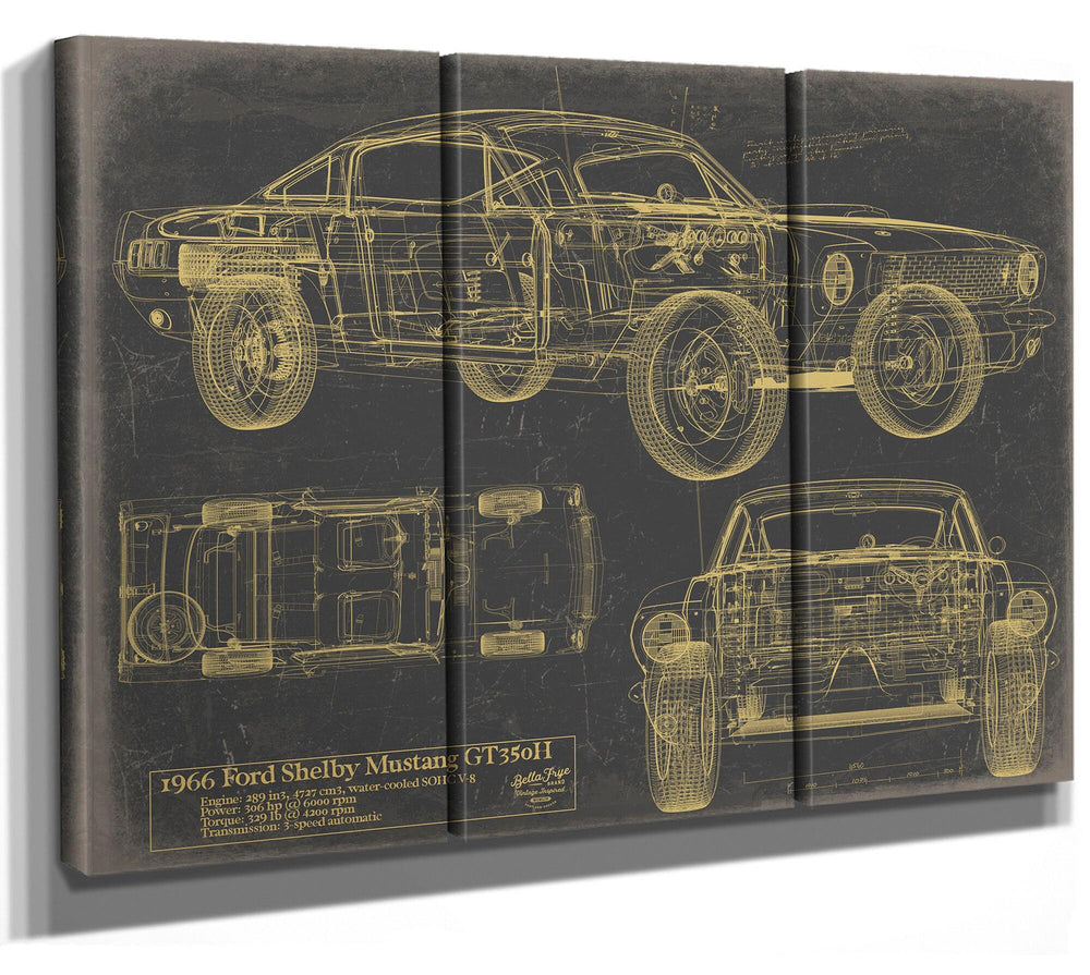 Cutler West 1966 Ford Shelby Mustang GT350H technical blueprint on blue stretched canvas with side, top, and front views