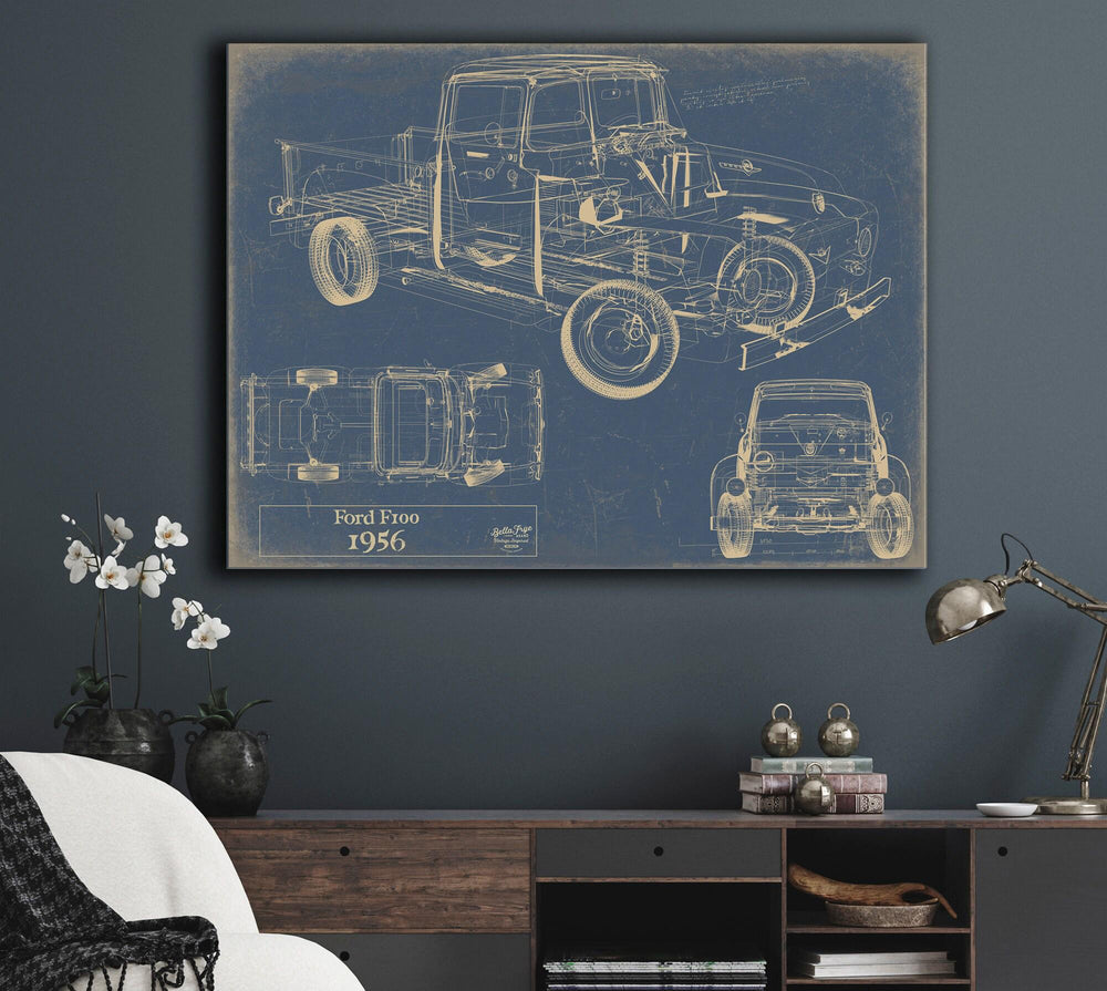 Cutler West Ford F100 1956 technical blueprint showing side, top, and rear views on tan canvas wrap