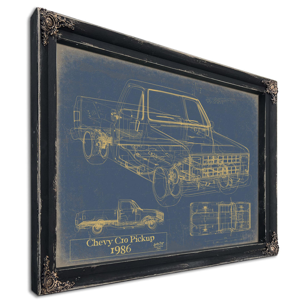 Cutler West Chevy C10 Pickup 1986 blueprint print in black frame on blue background with side and top views