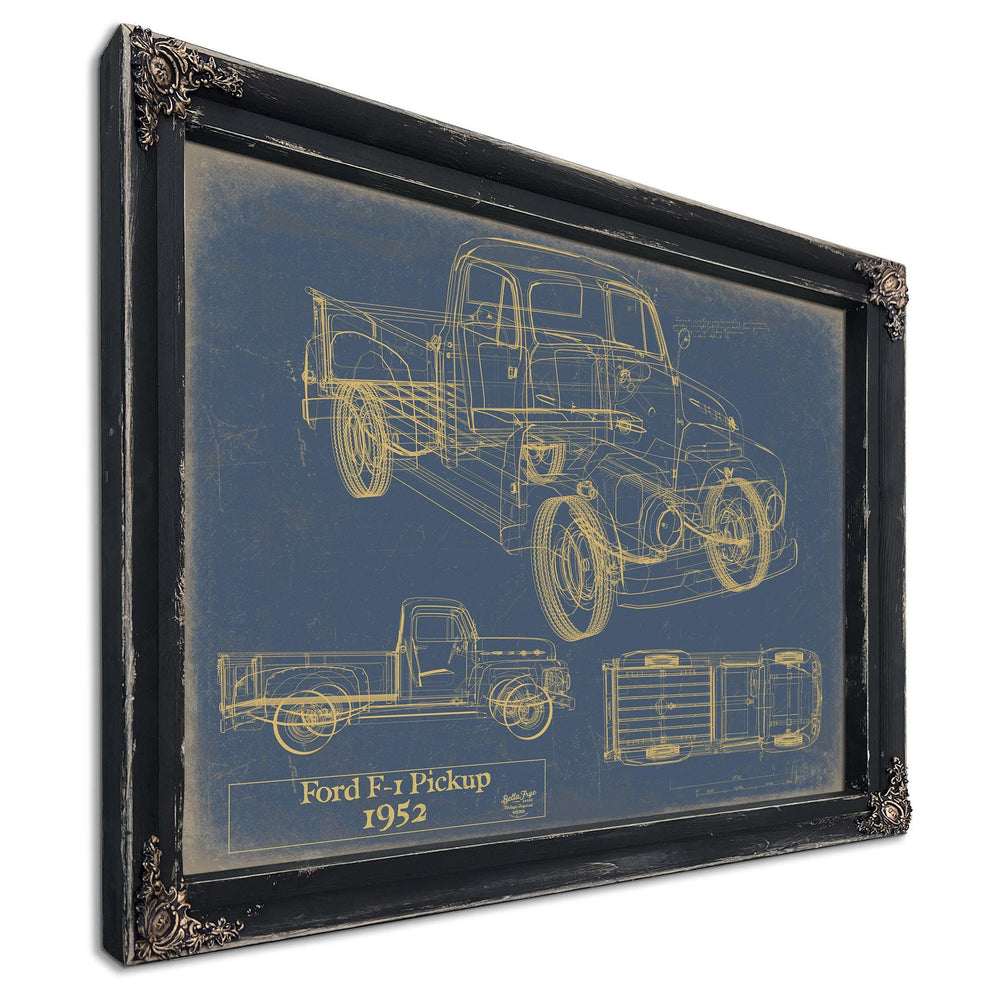Cutler West Ford F-1 Pickup 1952 blueprint print in black frame on blue background showing multiple vehicle angles