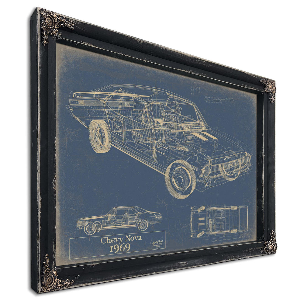 Cutler West 1969 Chevy Nova cutaway blueprint with interior details on blue background in black wood frame
