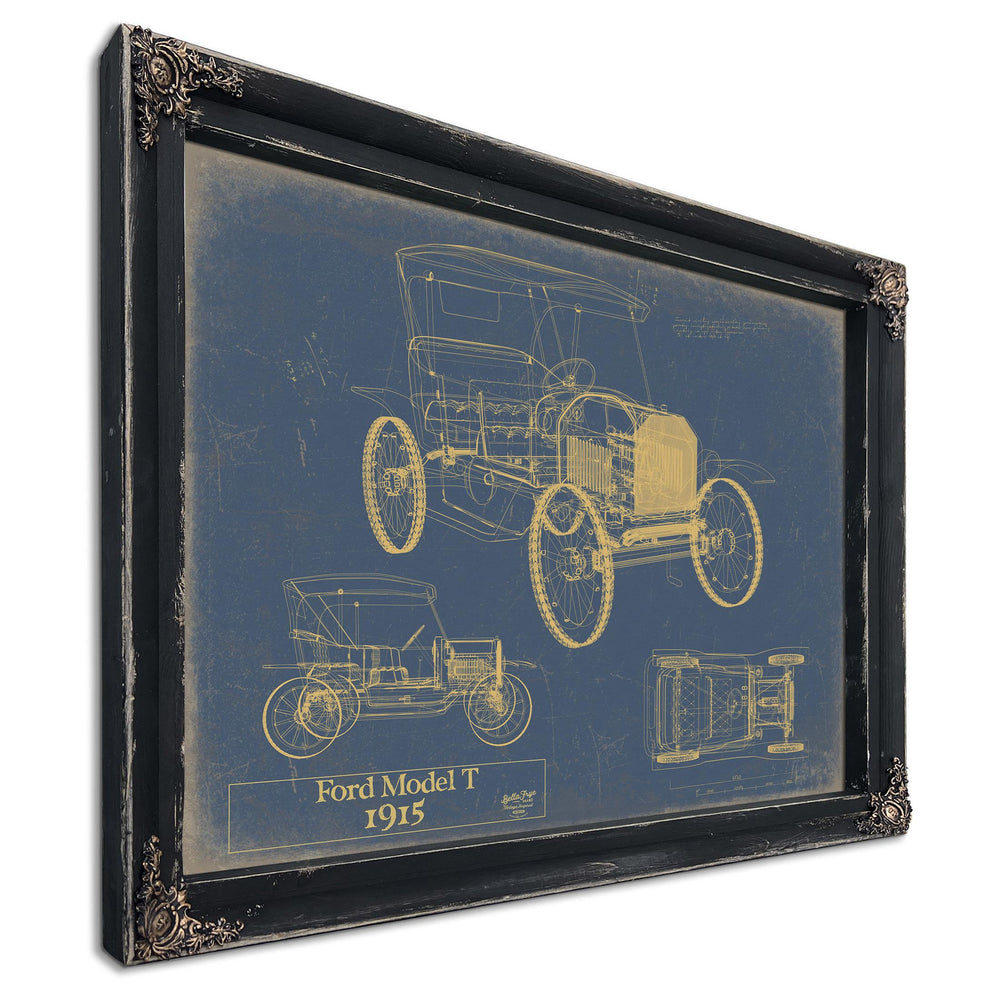 Cutler West Ford Model T 1915 blueprint print in black frame on blue background showing side, front, and top views