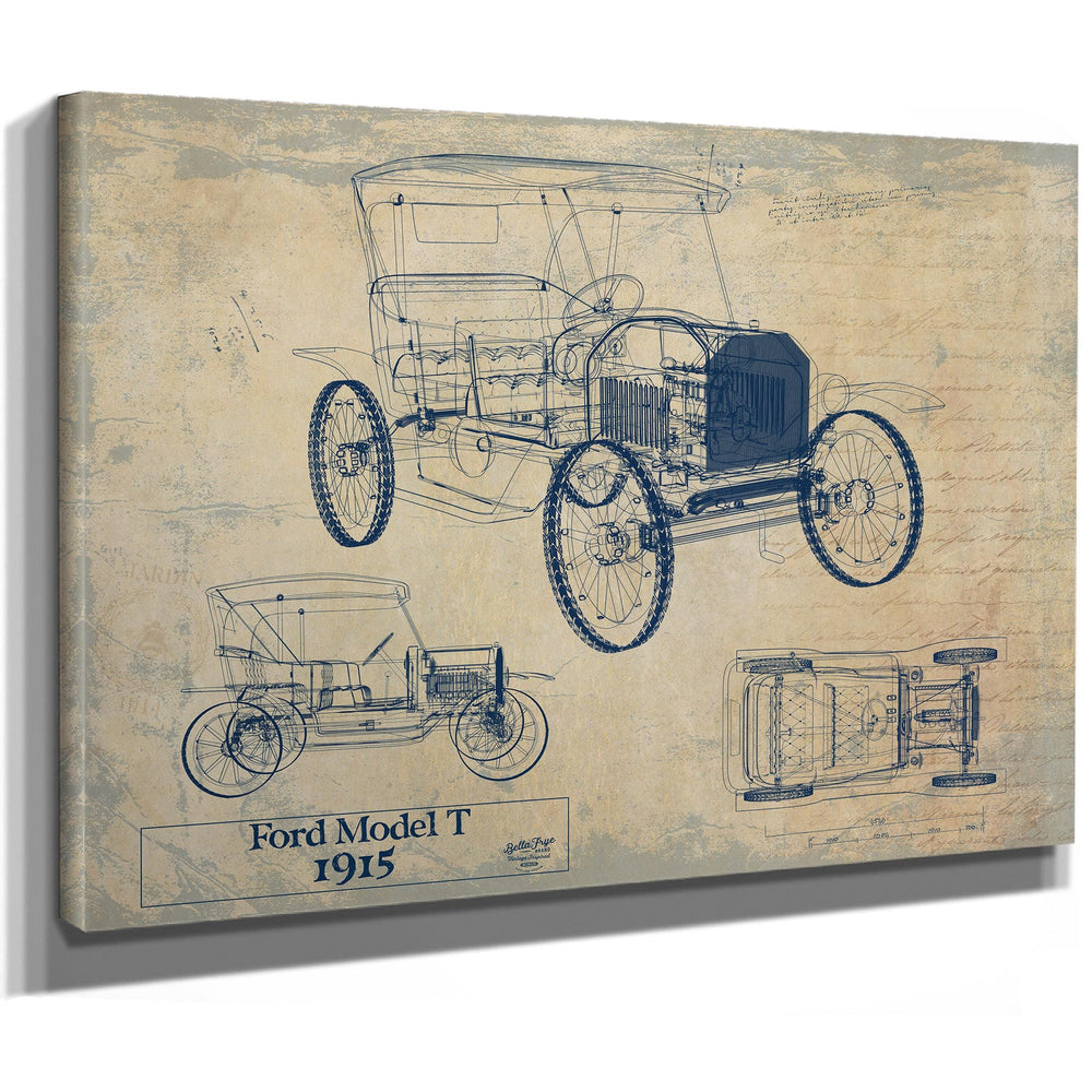 Cutler West Ford Model T 1915 blueprint print in black frame on blue background showing side, front, and top views