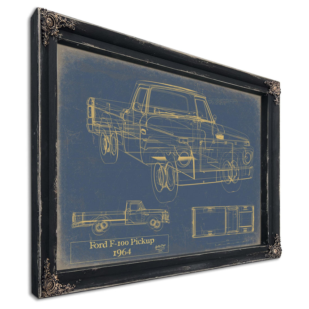 Cutler West Ford F-100 Pickup 1964 blueprint print in black frame with blue background, showing three vehicle views