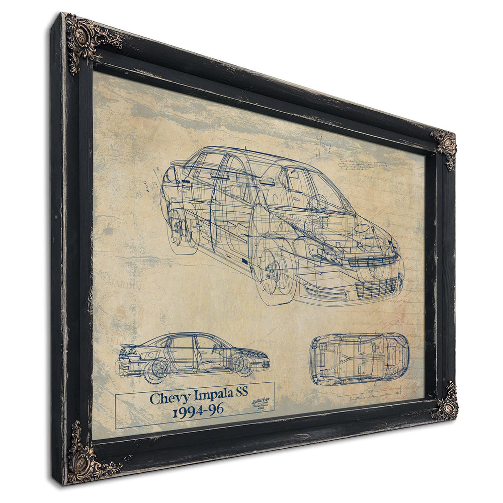 Cutler West Chevy Impala SS 1994-96 blueprint print in black frame with sepia background showing three vehicle angles