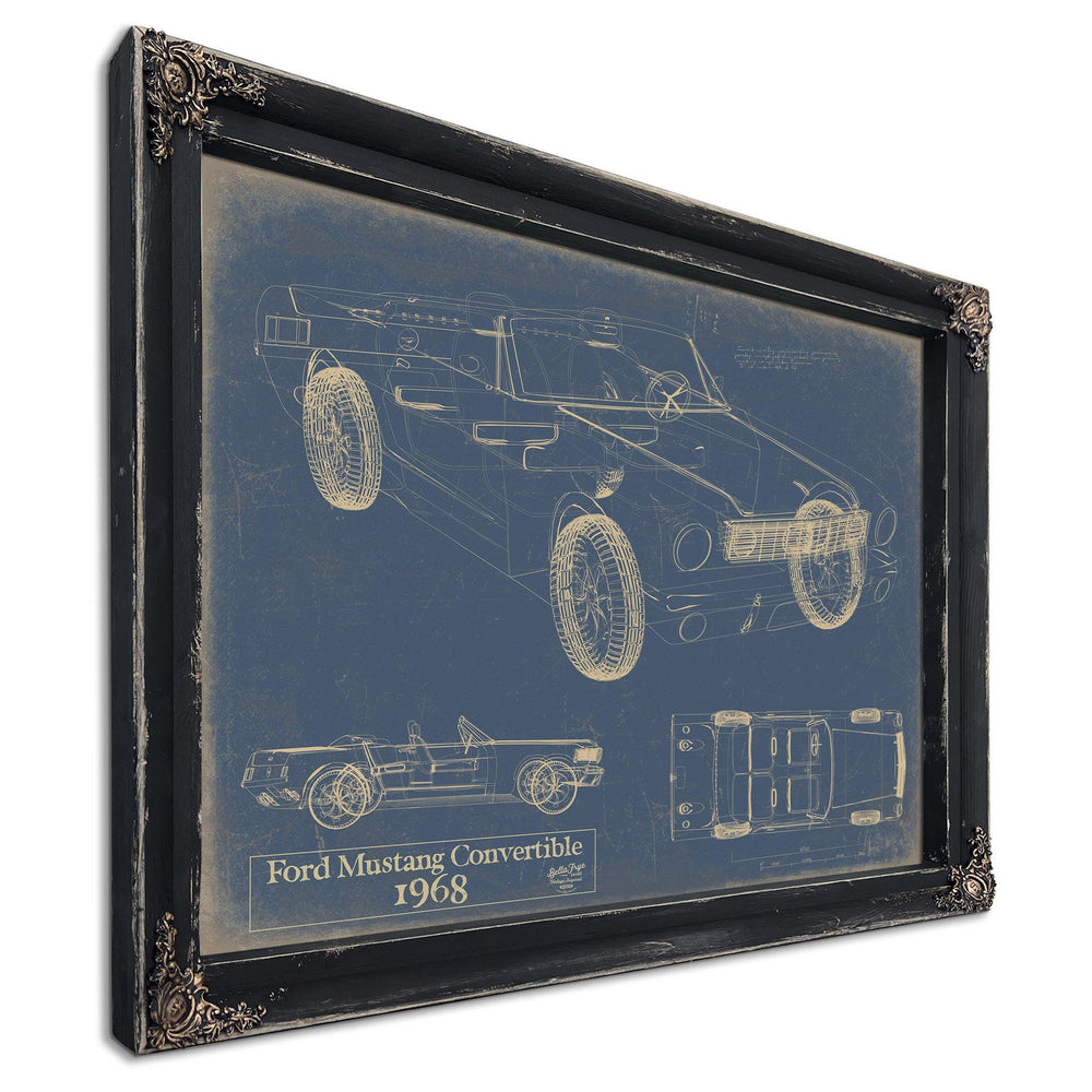 Cutler West 1968 Ford Mustang Convertible blueprint print in black frame with blue background showing multiple vehicle views