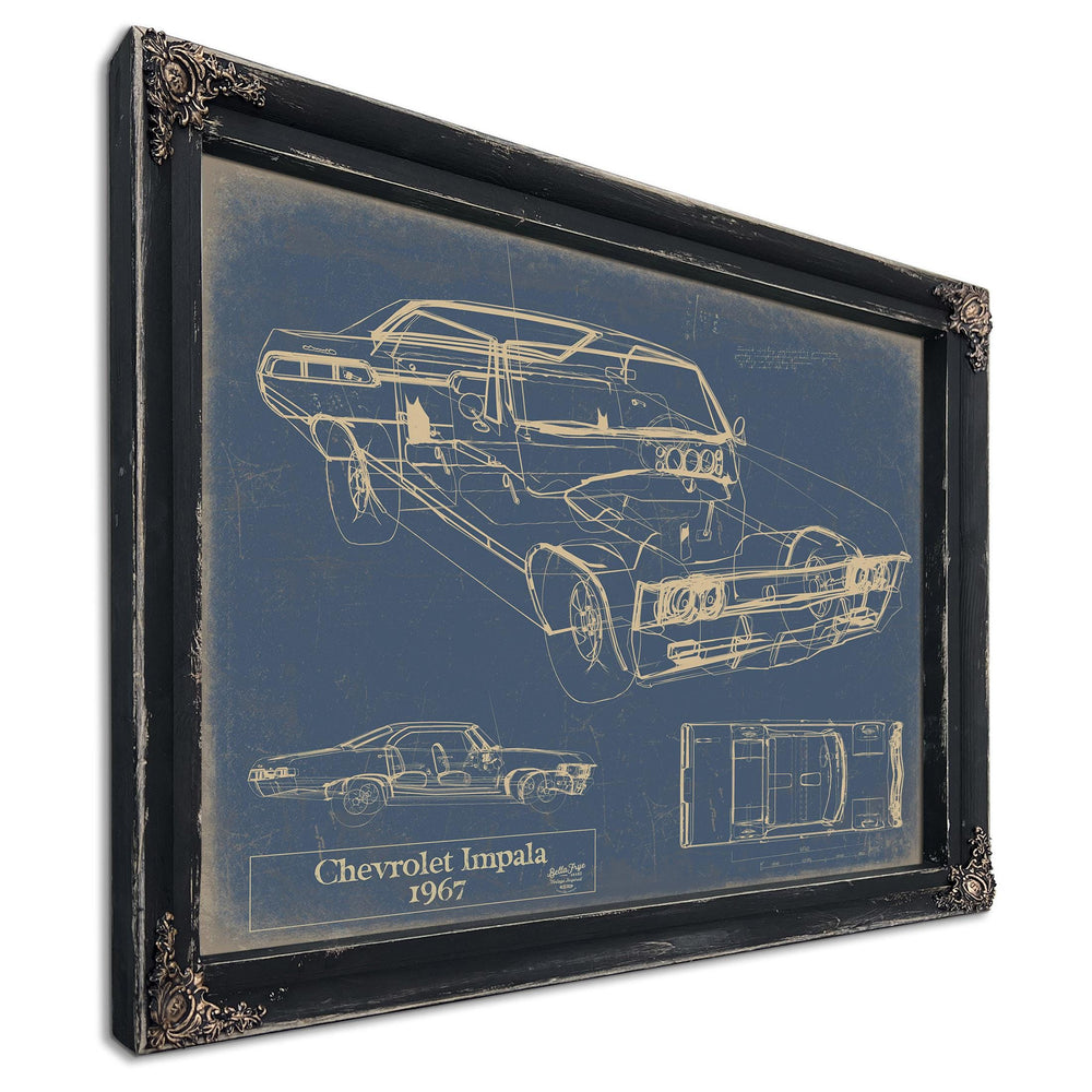 Cutler West 1967 Chevrolet Impala technical blueprint with multiple vehicle views on blue background in black wood frame