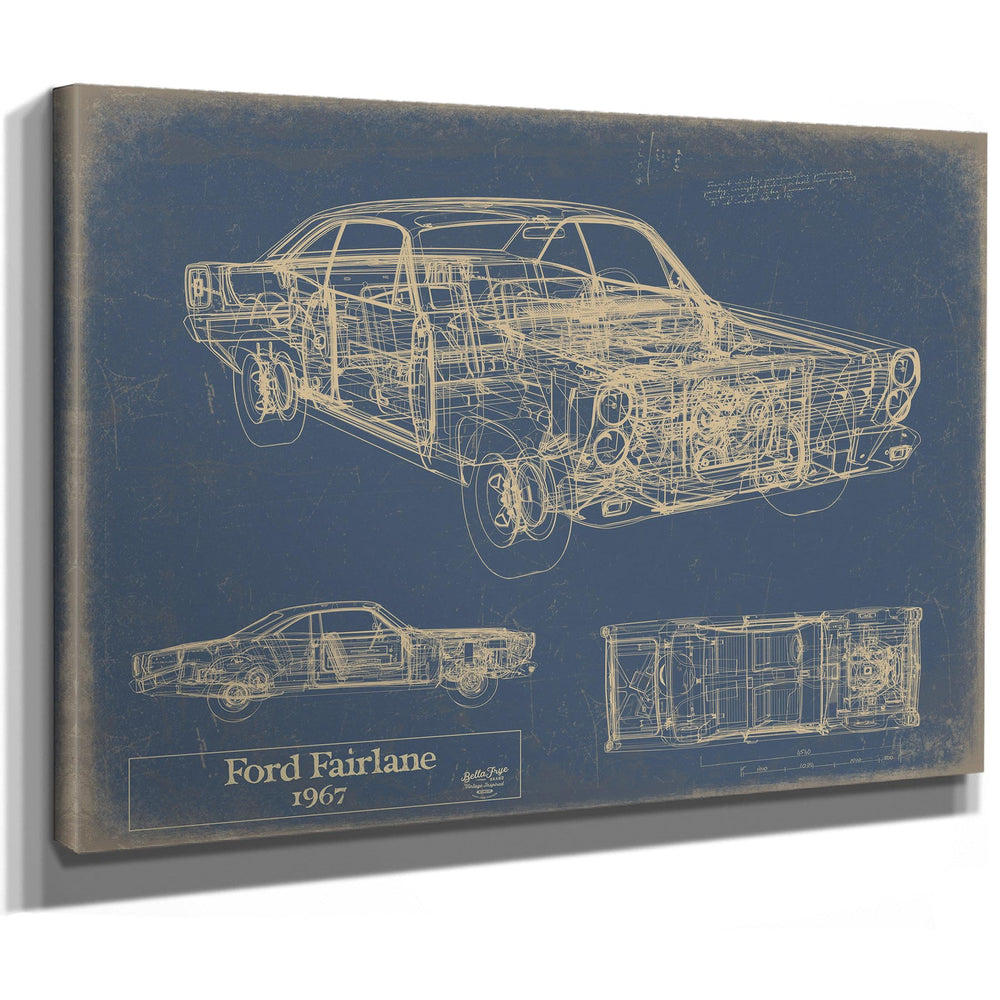 Cutler West 1967 Ford Fairlane technical blueprint on blue background, stretched canvas wrap showing side, front, and top views