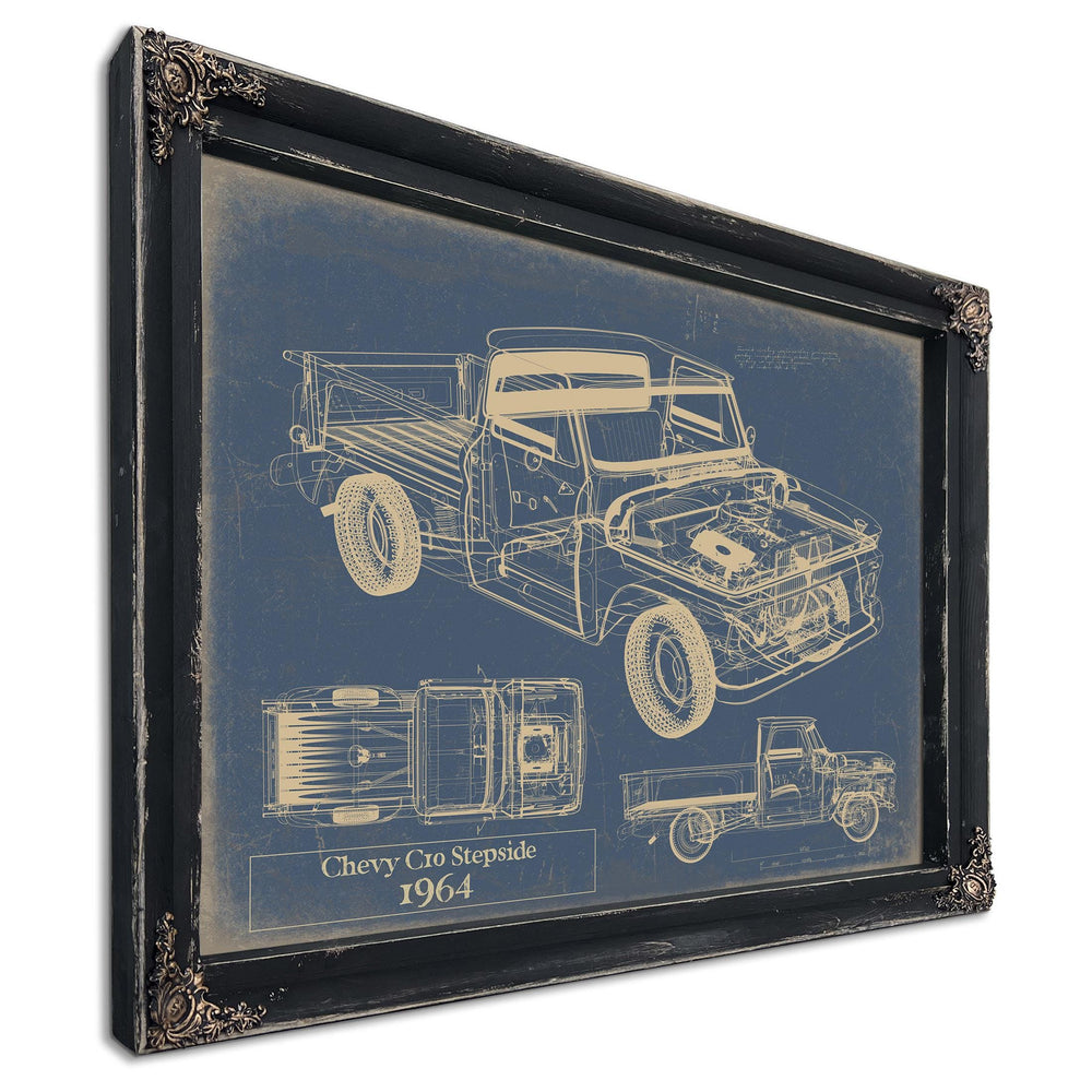 Cutler West 1964 Chevy C10 Stepside truck blueprint in black frame on blue background