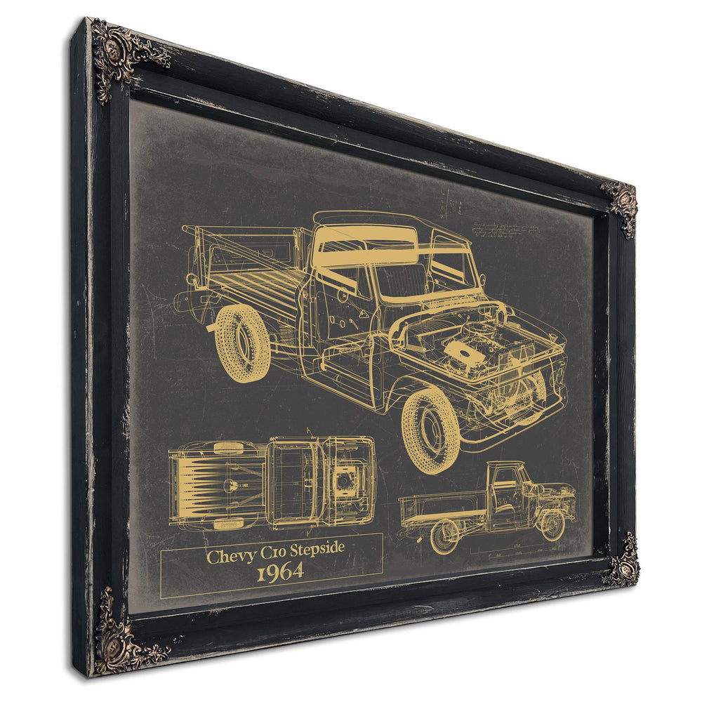 Cutler West 1964 Chevy C10 Stepside truck blueprint in black frame on blue background