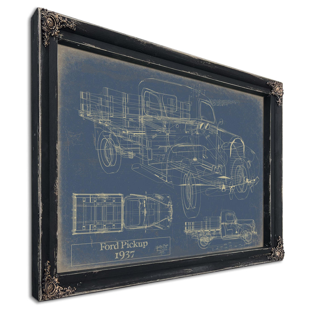 Cutler West Ford Pickup 1937 blueprint with technical drawings on blue background in black wooden frame