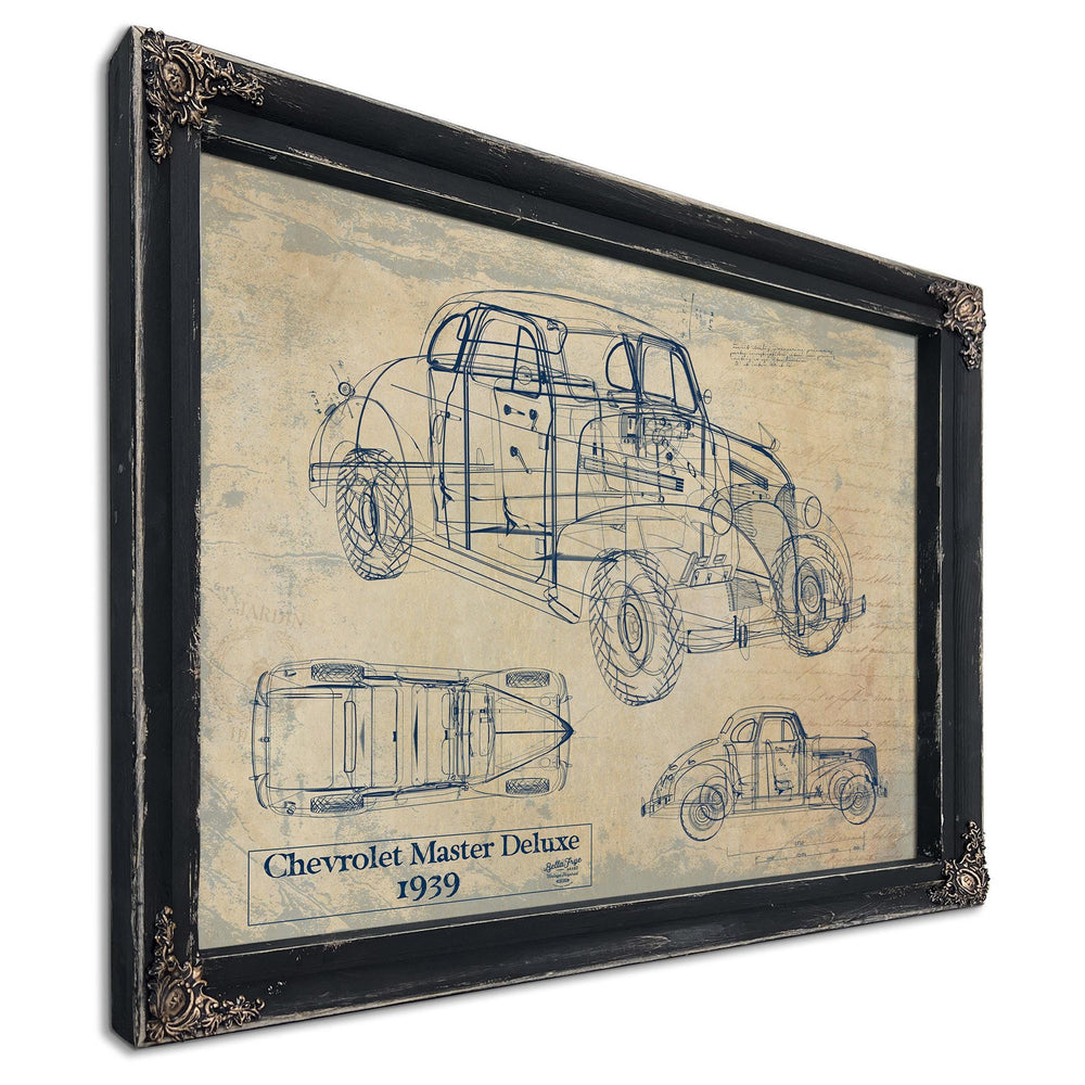 Cutler West 1939 Chevrolet Master Deluxe technical blueprint in black frame with sepia background, showing side elevation and detail views