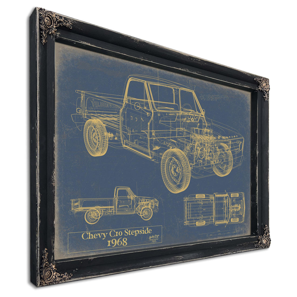 Cutler West 1968 Chevy C10 Stepside truck blueprint in gold lines on blue background, black wood frame