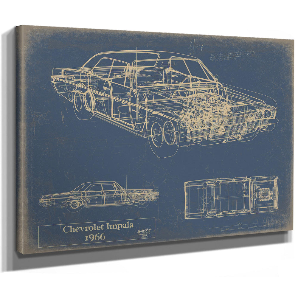 Cutler West 1966 Chevrolet Impala technical blueprint on blue background, stretched canvas with multiple vehicle views