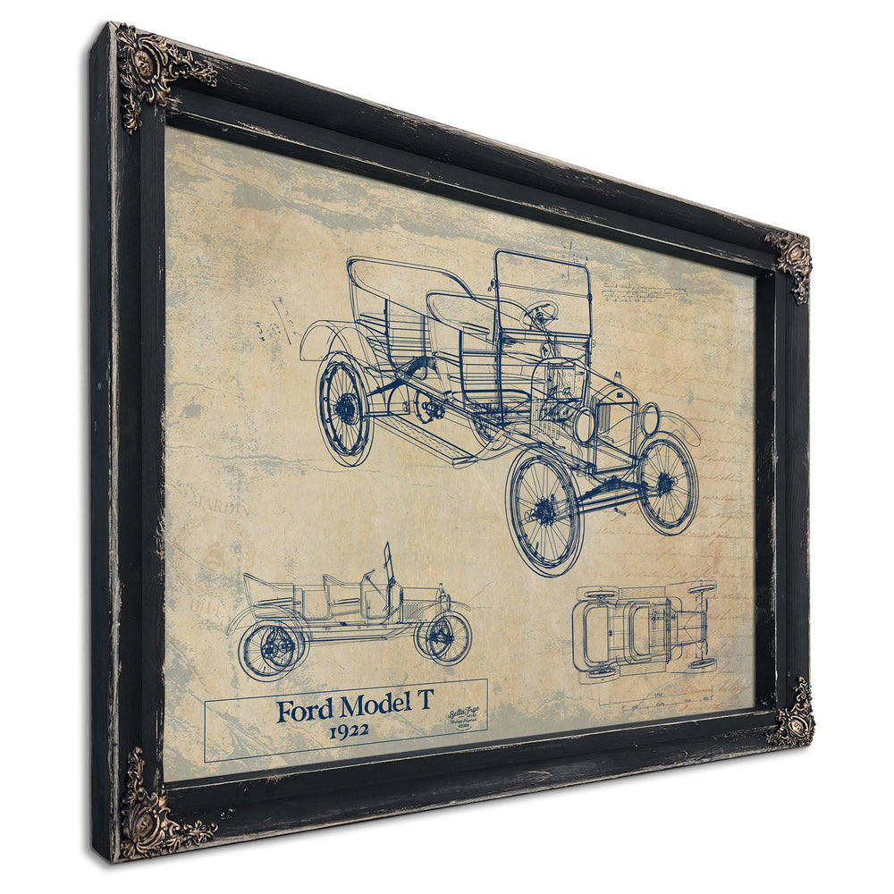 Cutler West Ford Model T 1922 blueprint print with three vehicle views on sepia background in black wood frame
