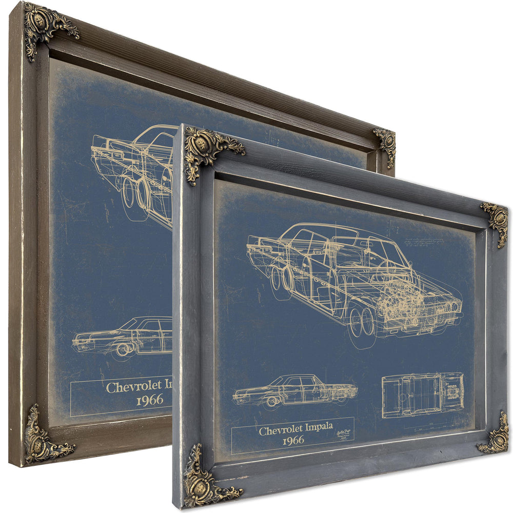 Cutler West 1966 Chevrolet Impala technical blueprint on blue background, stretched canvas with multiple vehicle views