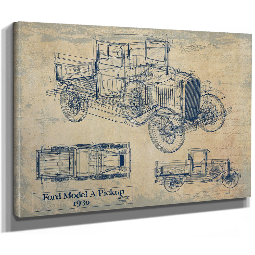 Cutler West Ford Model A Pickup 1930 technical blueprint on brown canvas wrap showing side, top, and detail views