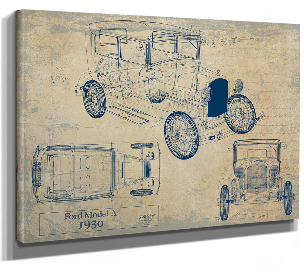 Cutler West Ford Model A Pickup 1930 technical blueprint on brown canvas wrap showing side, top, and detail views