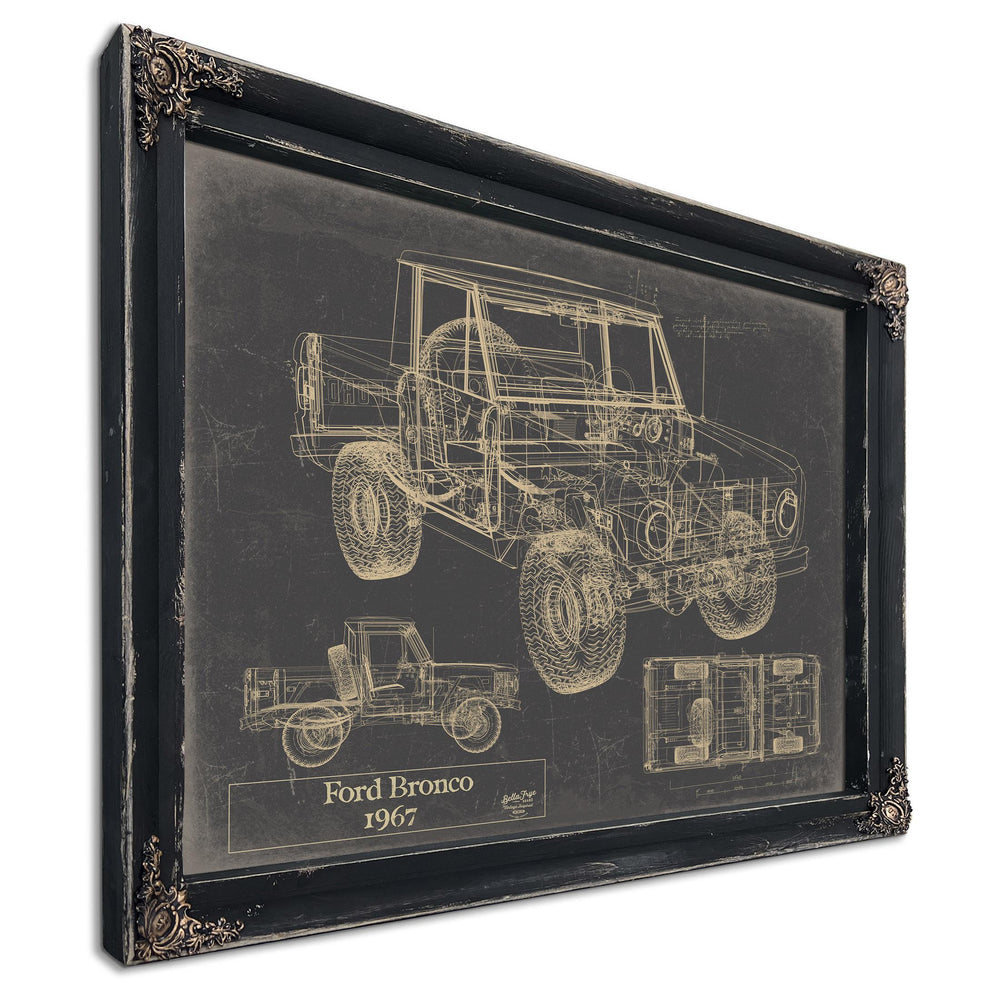 Cutler West 1967 Ford Bronco technical blueprint print in black frame with grey background showing multiple vehicle views