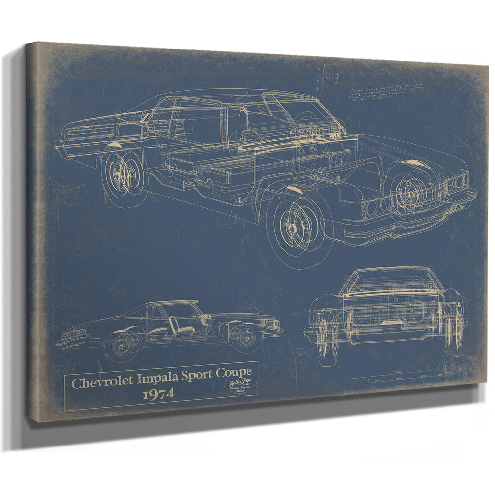 Cutler West 1974 Chevrolet Impala Sport Coupe technical blueprint on blue stretched canvas with multiple vehicle angles