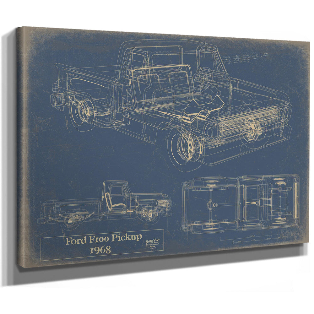 Cutler West 1968 Ford F100 Pickup blueprint print on blue stretched canvas with technical drawings and side views