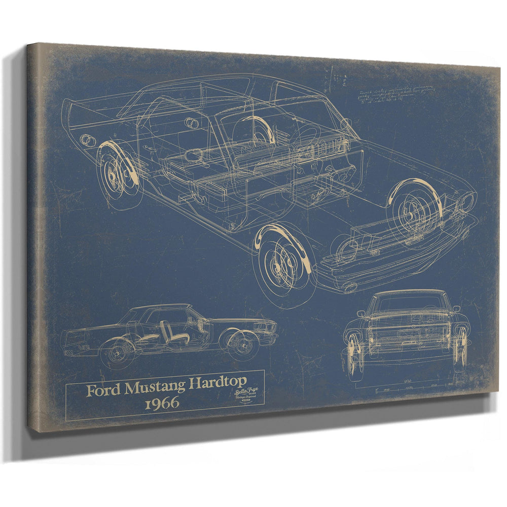 Cutler West 1966 Ford Mustang Hardtop blueprint technical drawing on blue stretched canvas wrap