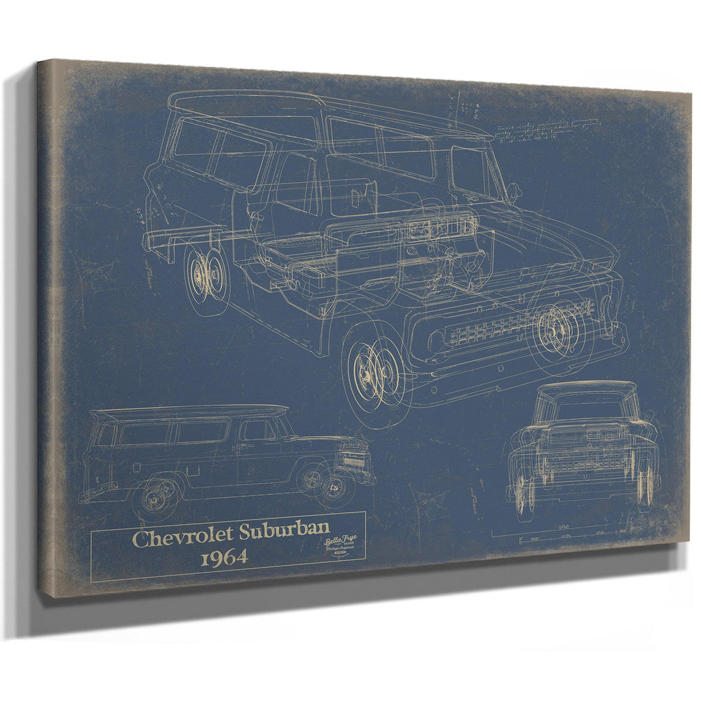 Cutler West 1964 Chevrolet Suburban blueprint with multiple vehicle views on blue background, stretched canvas