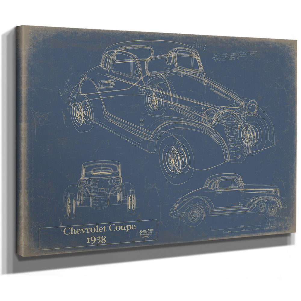Cutler West 1938 Chevrolet Coupe blueprint with three vehicle views on blue background, stretched canvas wrap