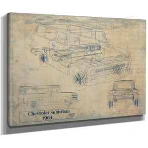 Cutler West Vintage 1964 Chevrolet Suburban Truck Model Print, Original Blueprint Canvas