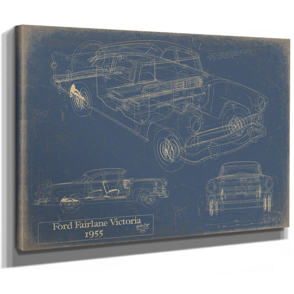 Cutler West 1955 Ford Fairlane Victoria blueprint on blue background, stretched canvas wrap showing top, side and rear views