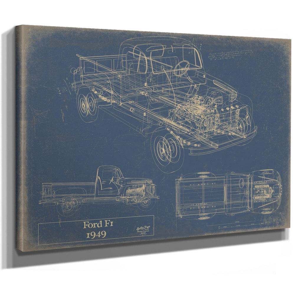 Cutler West 1949 Ford Fr truck blueprint with three views on blue canvas wrap