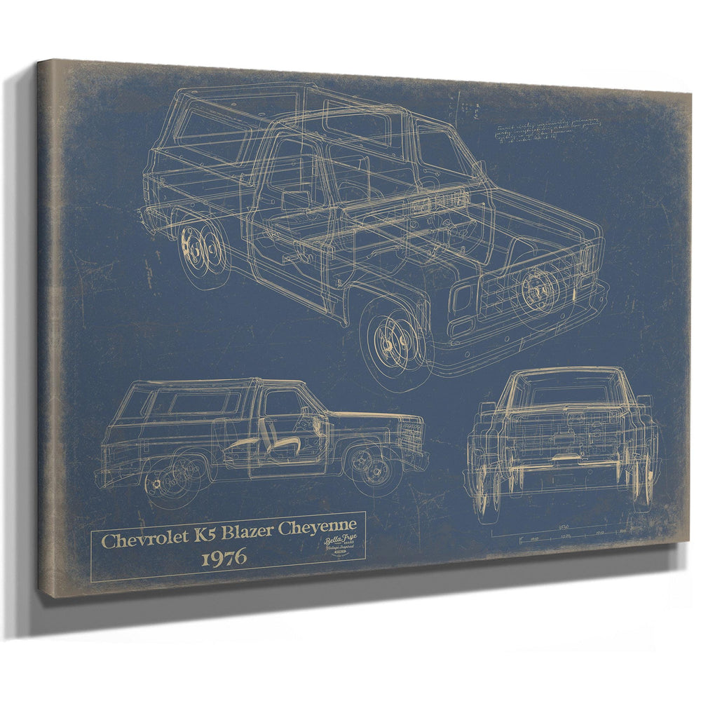 Cutler West 1976 Chevrolet K5 Blazer Cheyenne technical blueprint on blue stretched canvas showing three vehicle views
