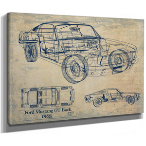Cutler West Vintage 1968 Ford Mustang GT Fastback Car Model Print, Original Blueprint Canvas