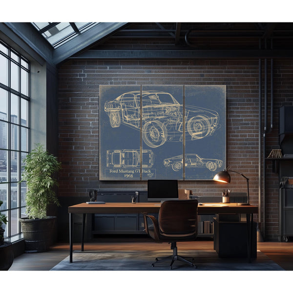 Cutler West Vintage 1968 Ford Mustang GT Fastback Car Model Print, Original Blueprint Canvas