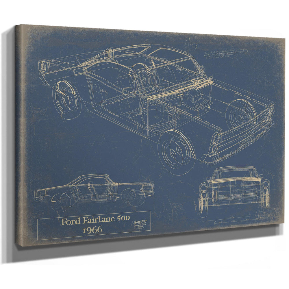 Cutler West Ford Fairlane 500 1966 blueprint art on stretched canvas wrap with blue background showing multiple vehicle views