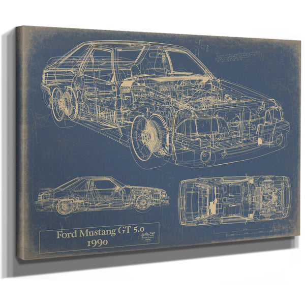 Cutler West Vintage 1990 Ford Mustang GT 5.0 Fox Body Car Model Mancave Blueprint Art